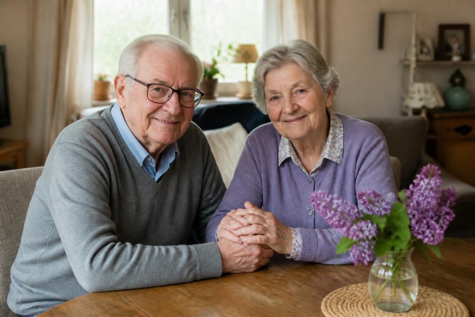 Casal idoso sorrindo de mãos dadas em casa, com um vaso de flores lilás sobre a mesa