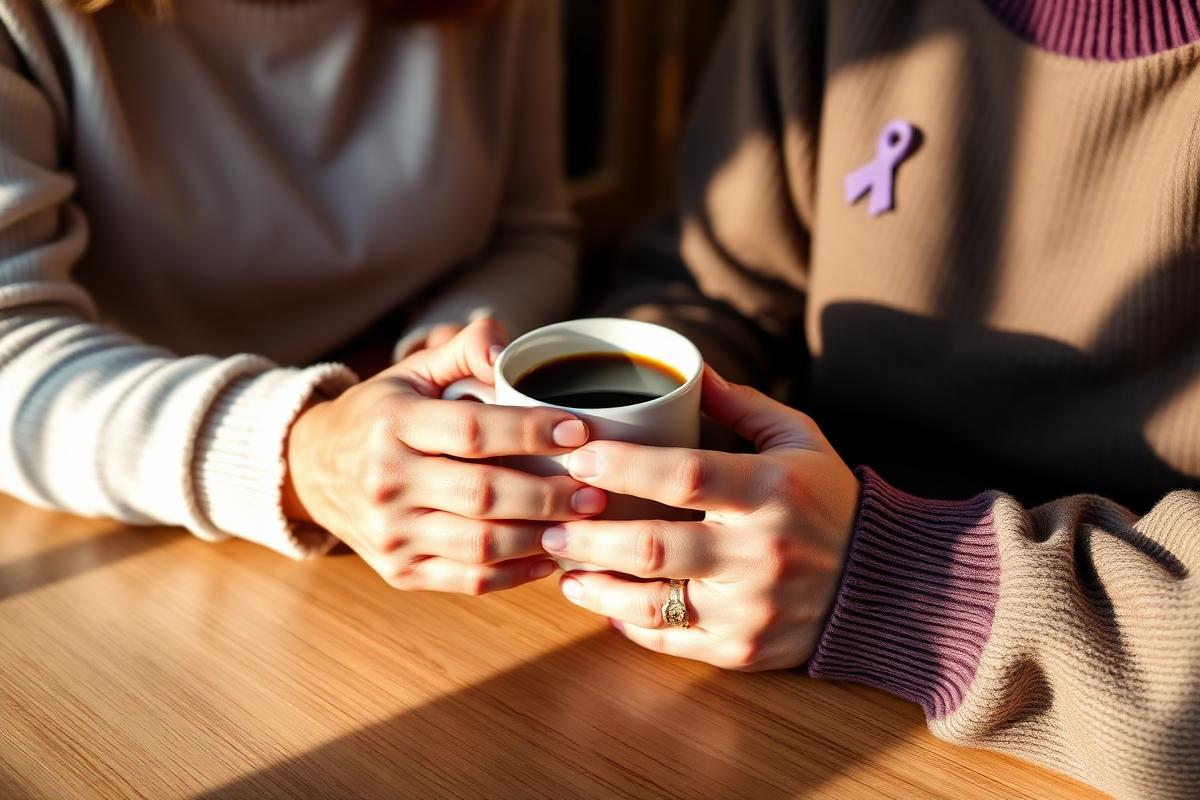 Mãos de uma cuidadora e de uma pessoa idosa segurando uma xícara de café, com o laço lilás do Setembro Lilás no suéter